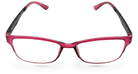 Eyelevel-UK Mauritius reading glasses with a pink and black softly squared plastic frame and clear magnifying lenses.