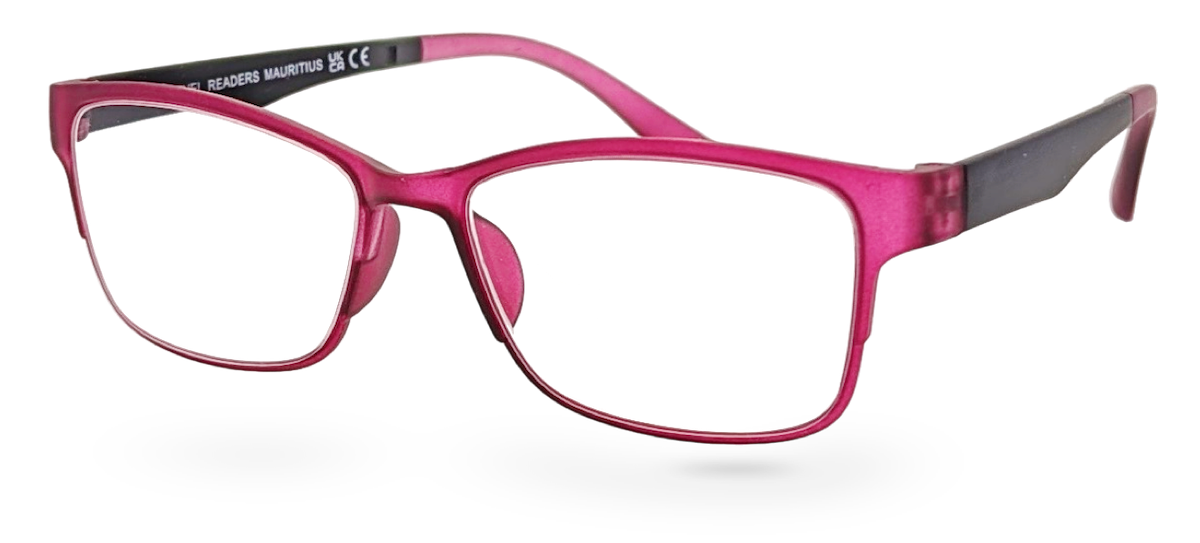 Eyelevel-UK Mauritius reading glasses with a pink and black softly squared plastic frame and clear magnifying lenses.