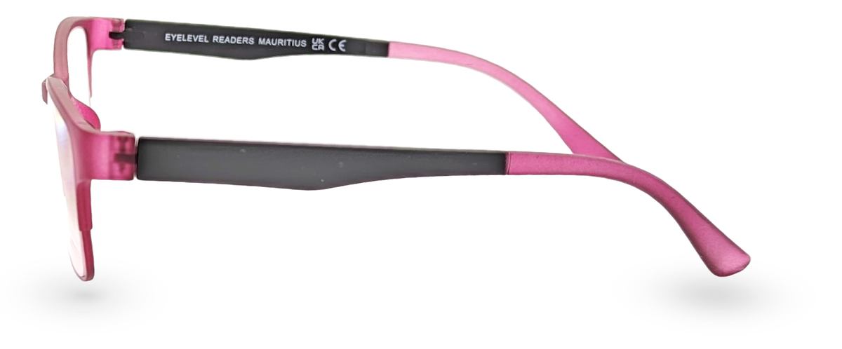 Side view of Eyelevel-UK Mauritius reading glasses with a two-tone pink and black plastic rectangular frame.