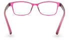 Eyelevel-UK Mauritius reading glasses with a pink and black softly squared plastic frame, viewed from behind.