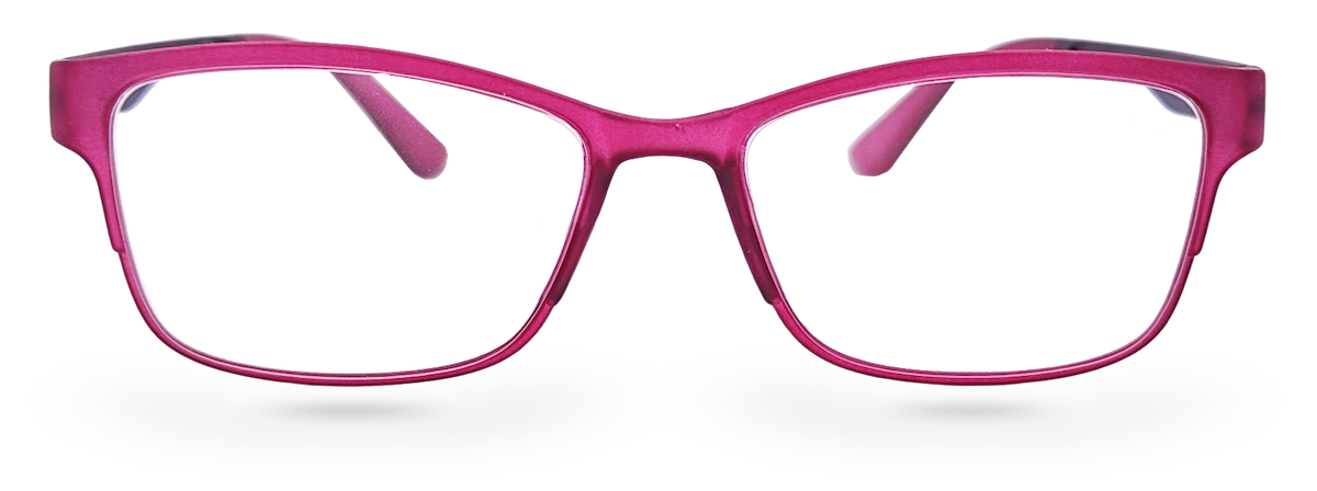 Eyelevel-UK Mauritius reading glasses with a pink and black softly squared plastic frame and clear magnifying lenses.