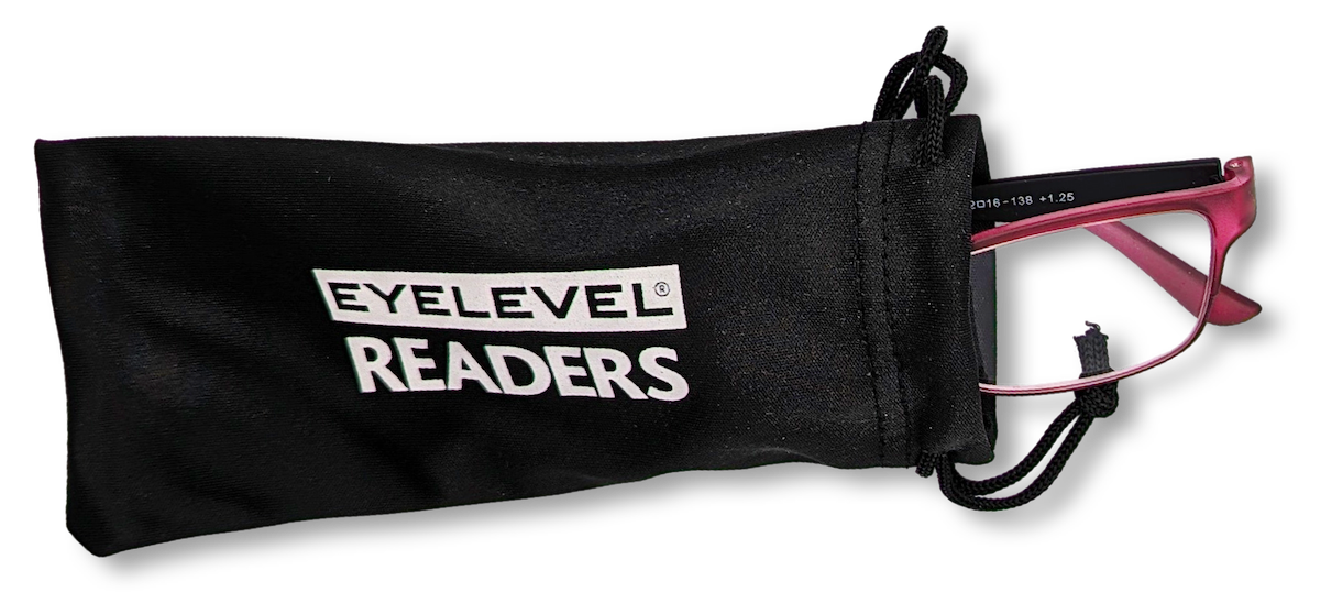 Eyelevel-UK Mauritius reading glasses with pink frames inside a black branded drawstring storage pouch
