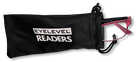 Eyelevel-UK Mauritius reading glasses with pink frames inside a black branded drawstring storage pouch