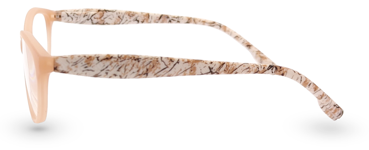 Eyelevel-UK Mexico cat-eye reading glasses with a beige and animal print frame, shown from a side profile view.