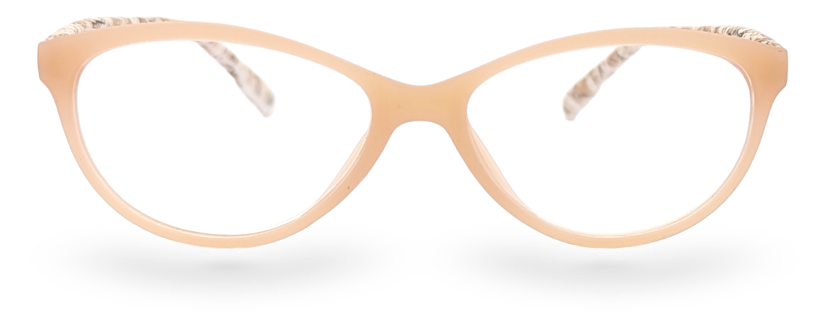 Eyelevel-UK Mexico cat-eye reading glasses in beige with animal print temples and clear magnifying lenses.