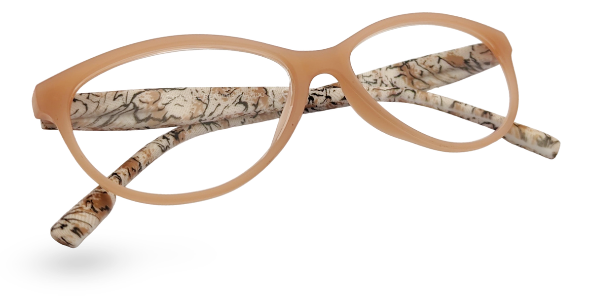 Eyelevel-UK Mexico cat-eye reading glasses with a beige front frame and animal print patterned temples