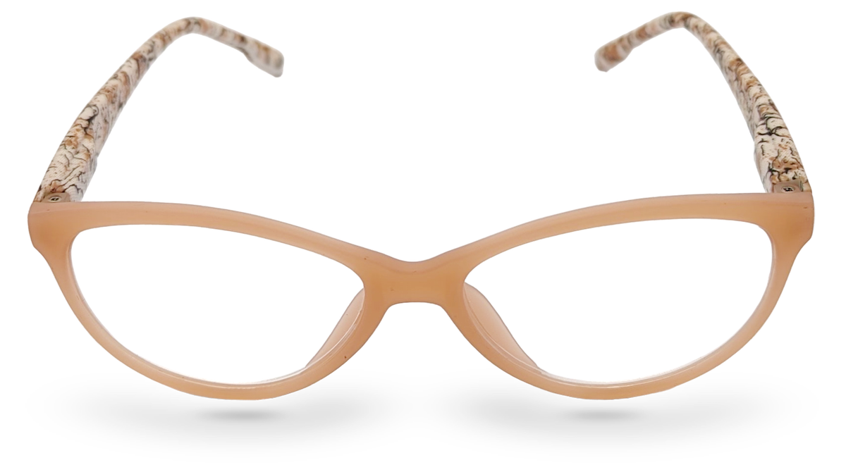 Eyelevel-UK Mexico cat-eye reading glasses with a beige frame and animal print temples on a white background
