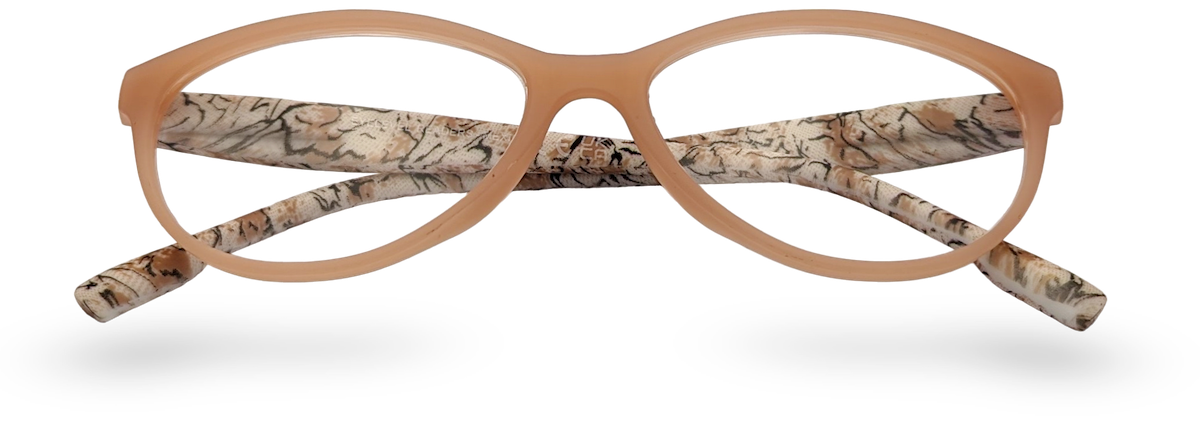 Eyelevel-UK Mexico cat-eye reading glasses with a beige front frame and animal print patterned temples