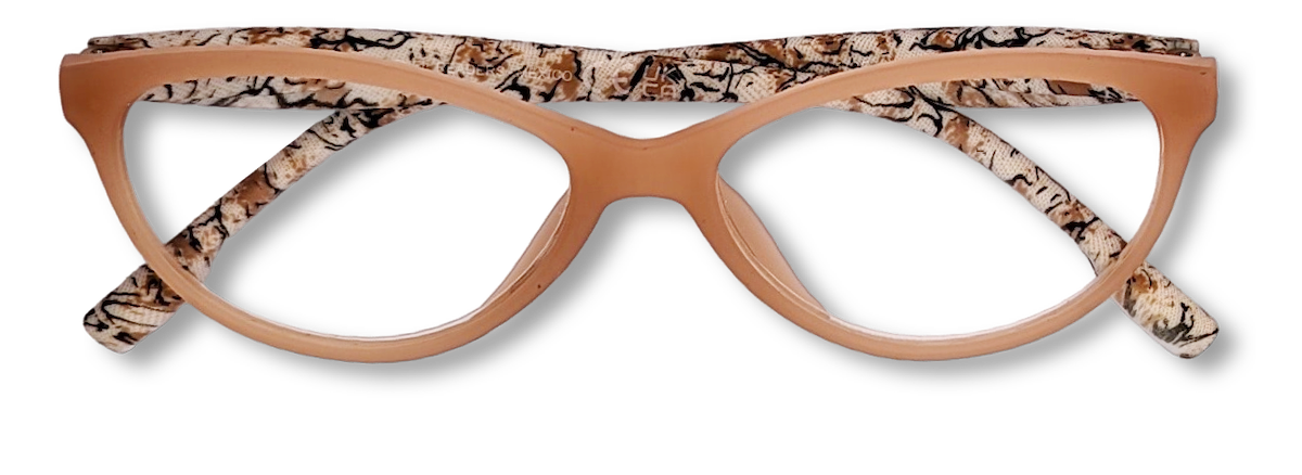Eyelevel-UK Mexico cat-eye reading glasses with a beige front and animal print inner frame design.