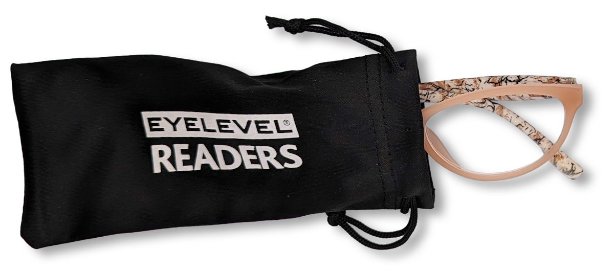 Eyelevel-UK Mexico cat-eye reading glasses with beige animal print frames partially inside a black branded pouch