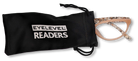 Eyelevel-UK Mexico cat-eye reading glasses with beige animal print frames partially inside a black branded pouch