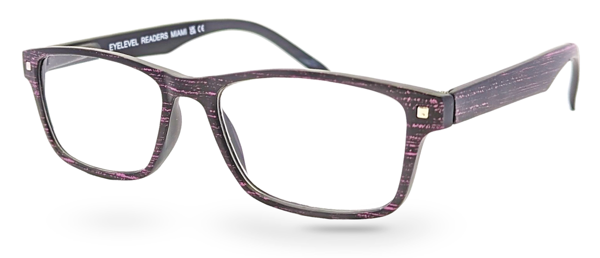 Eyelevel-UK Miami reading glasses with a black and pink grain effect rectangular plastic frame and clear lenses.