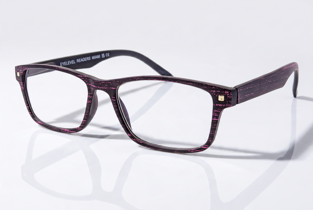 Eyelevel-UK Miami reading glasses with a black and pink grain effect rectangular plastic frame on a white background.
