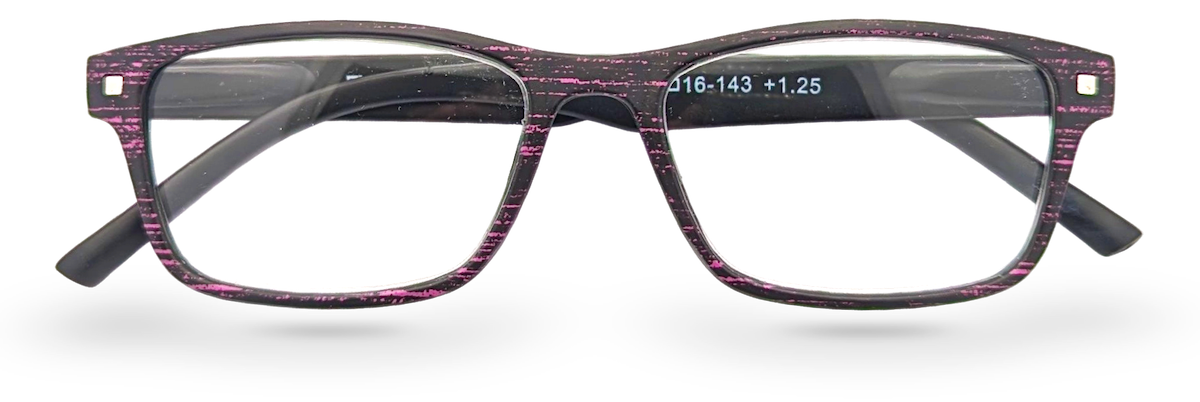 Eyelevel-UK Miami reading glasses with a black and pink grain effect rectangular plastic frame and clear lenses.
