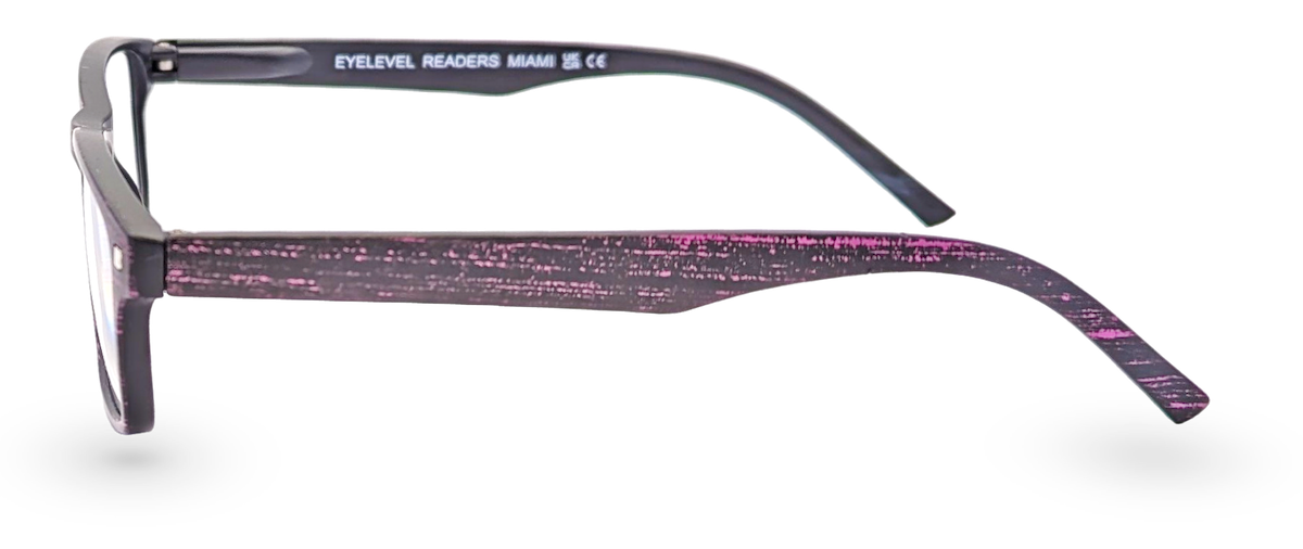 Eyelevel-UK Miami reading glasses with a black and pink grain effect rectangular plastic frame, side profile view.