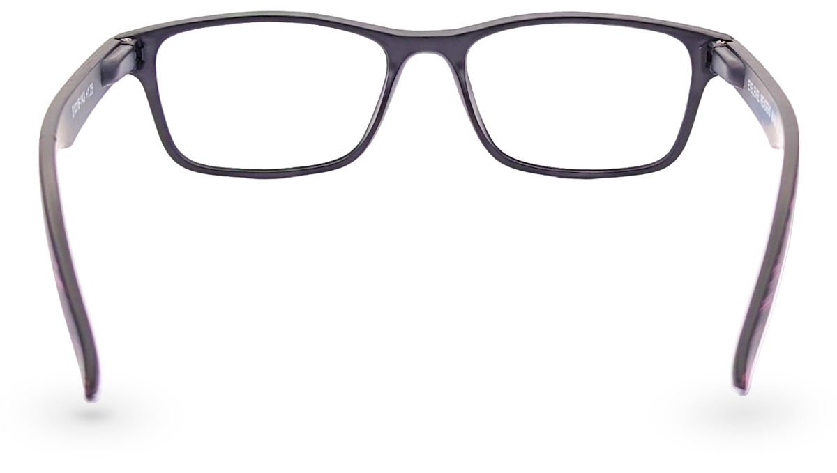 Eyelevel-UK Miami reading glasses with a black and pink grain effect rectangular plastic frame, back view.