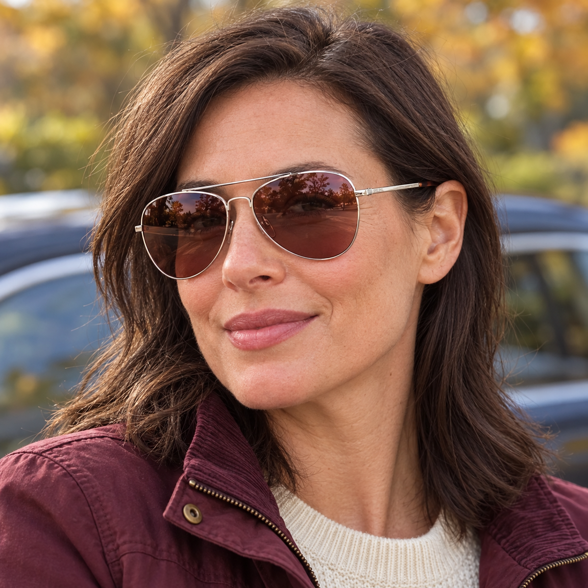 Woman wearing Eyelevel-UK Monte Carlo polarized driving sunglasses with silver frames and copper lenses outdoors.