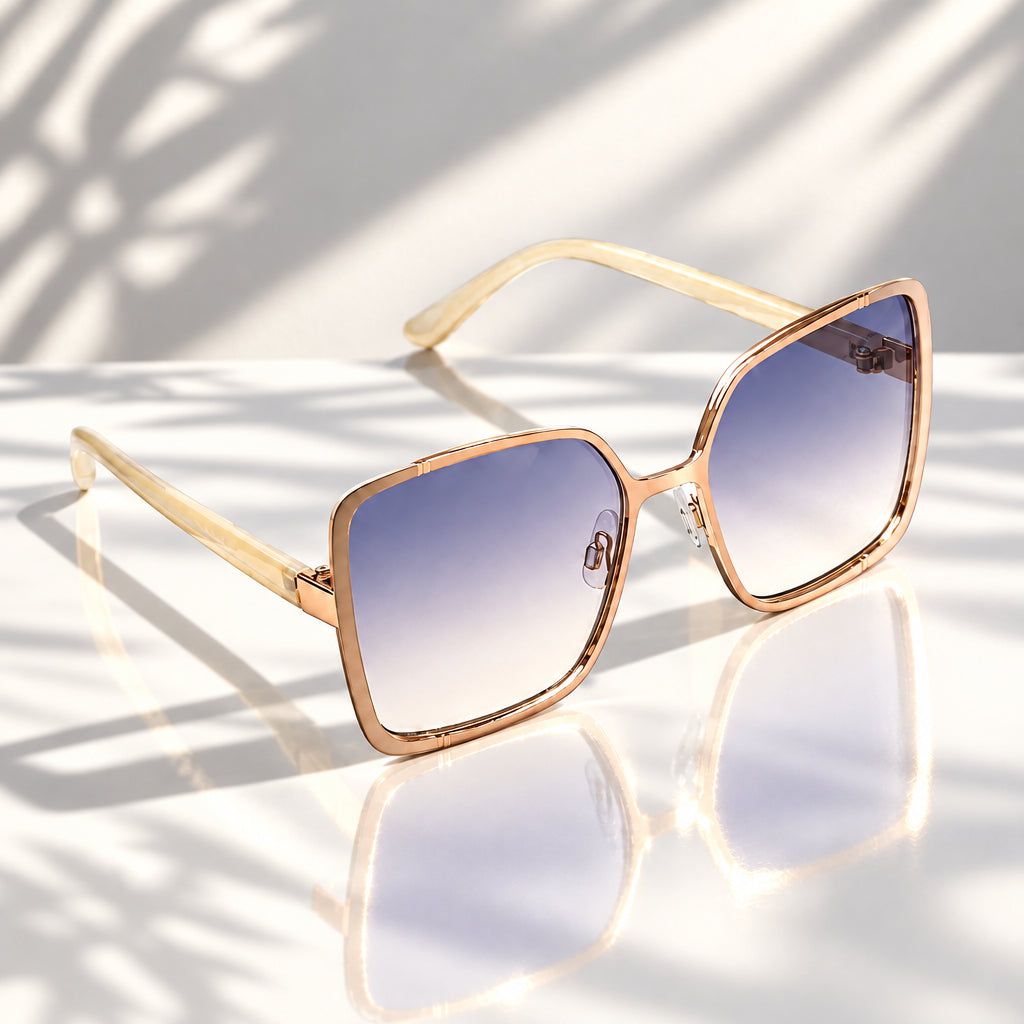 Eyelevel-UK Mya oversized geometric sunglasses with rose gold frame and beige arms featuring grey gradient lenses