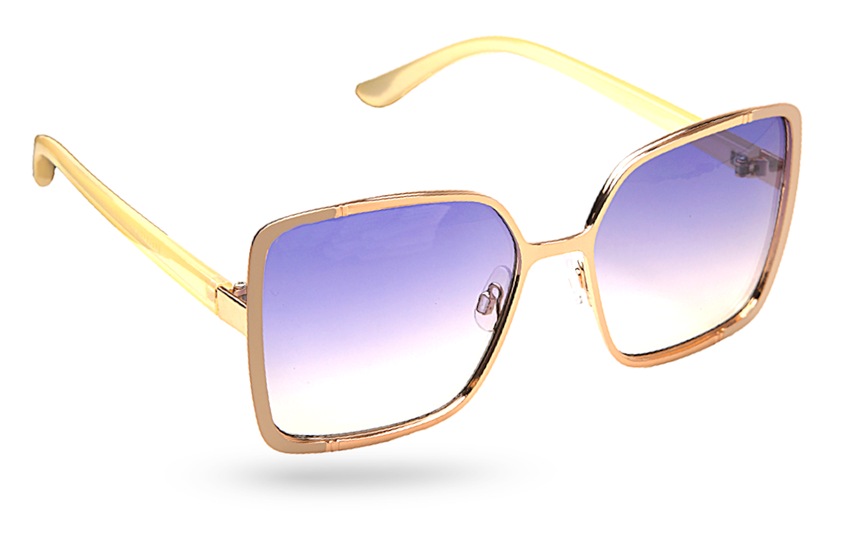 Eyelevel-UK Mya oversized geometric sunglasses with a rose gold frame and purple gradient lenses.