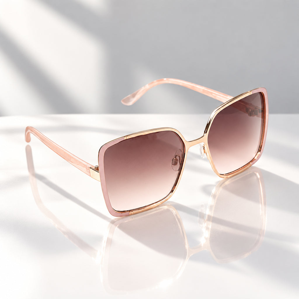 Eyelevel-UK Mya oversized geometric sunglasses with rose gold frame, pink accents, and brown gradient UV400 lenses.