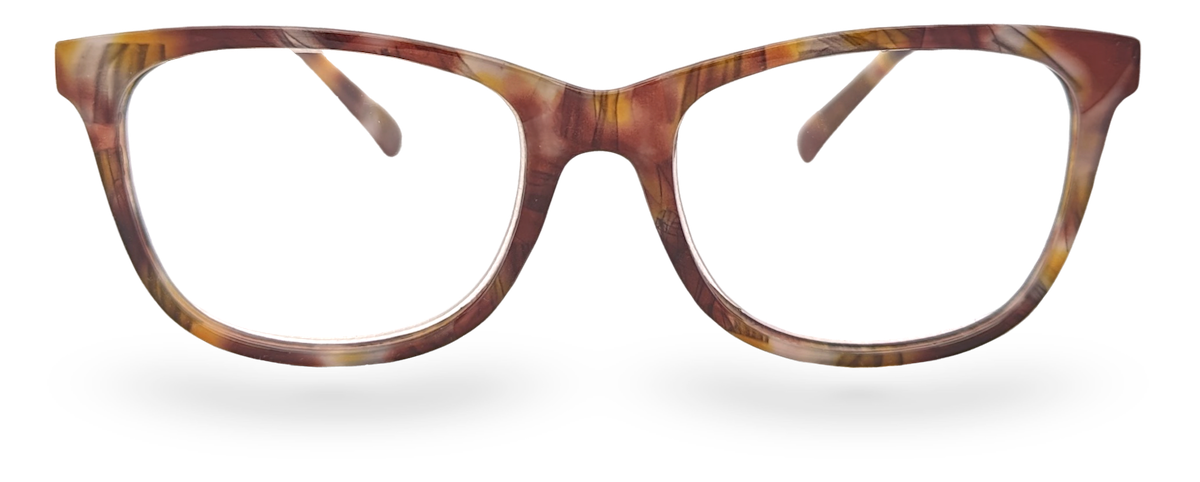 Eyelevel-UK Naples reading glasses with a brown and multicolour softly squared plastic frame and clear lenses.