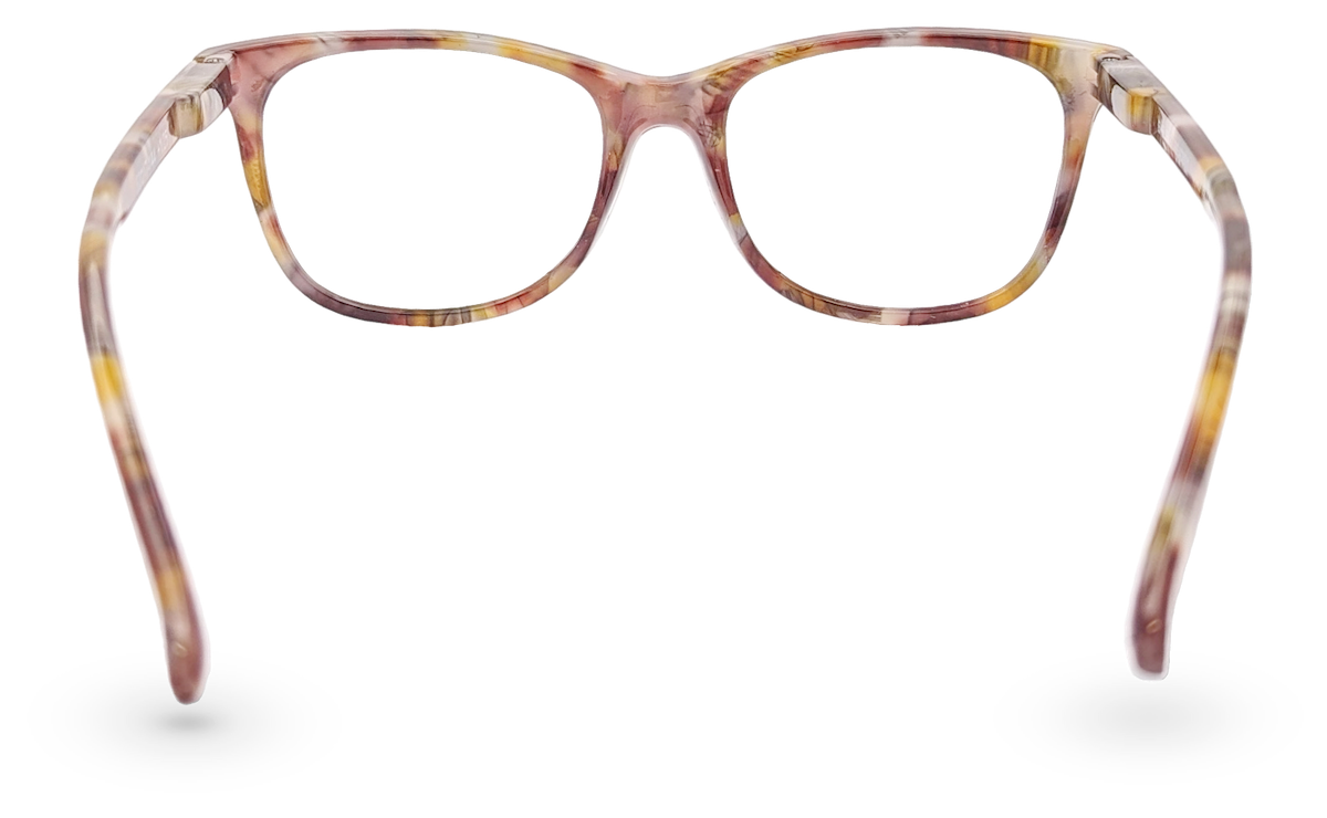 Eyelevel-UK Naples reading glasses with a brown and multicolour softly squared plastic frame, rear view.