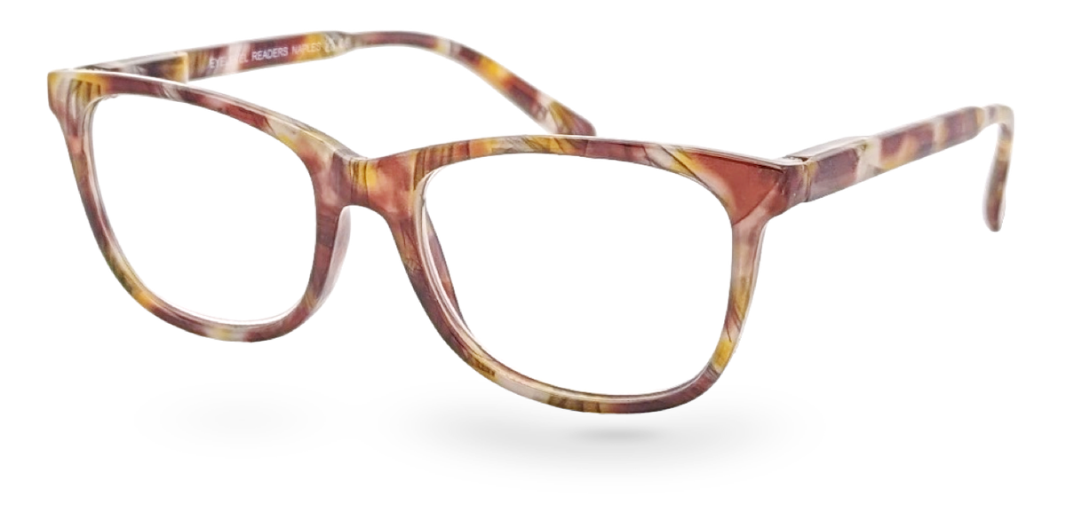 Eyelevel-UK Naples reading glasses with a brown and multicolour softly squared plastic frame and clear lenses