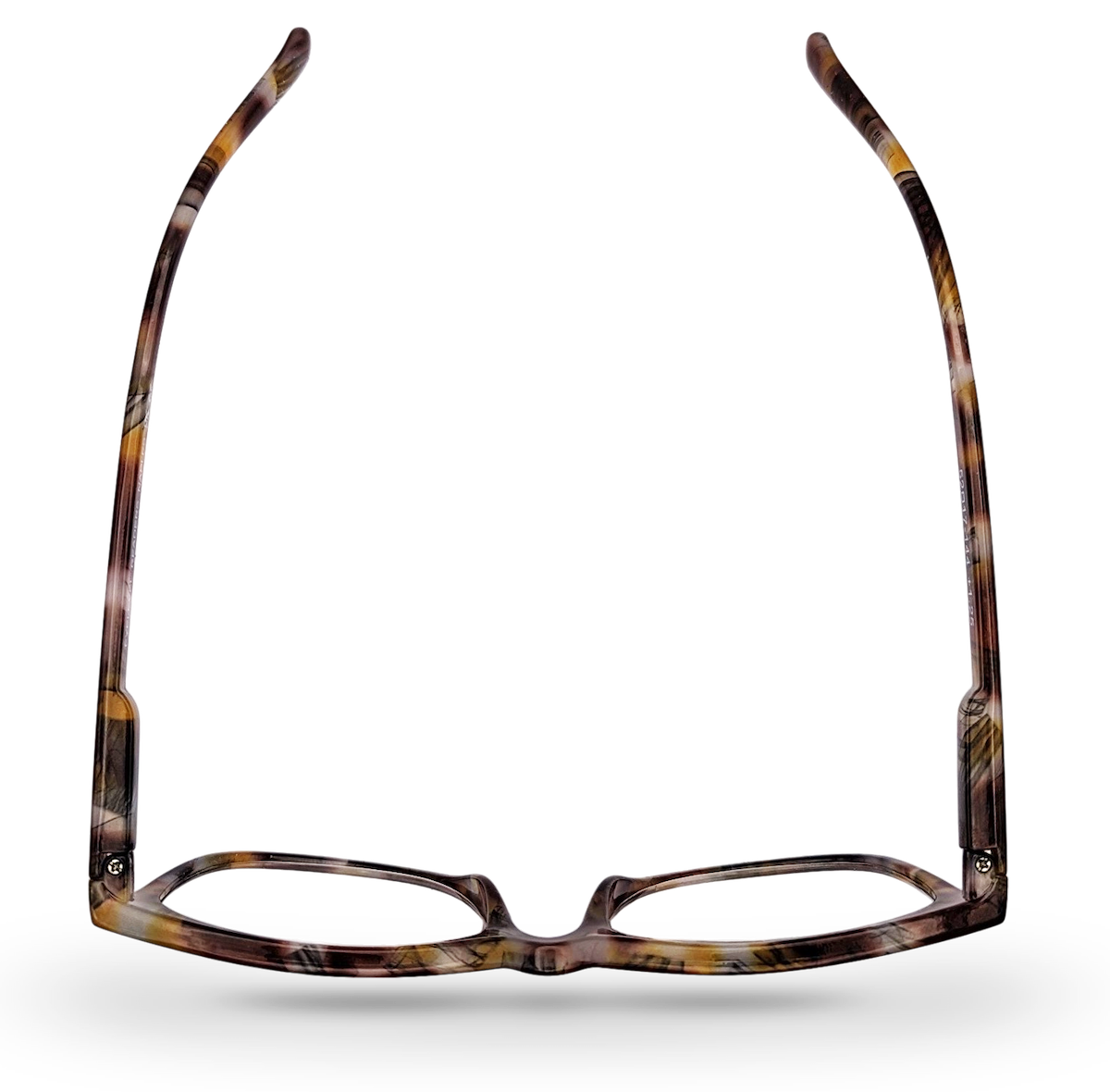 Eyelevel-UK Naples reading glasses with a brown and multicolour softly squared plastic frame, top-down view.