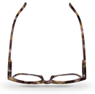 Eyelevel-UK Naples reading glasses with a brown and multicolour softly squared plastic frame, top-down view.