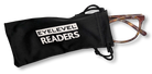 Eyelevel-UK Naples reading glasses with brown multicolour frames partially inside a black branded felt pouch