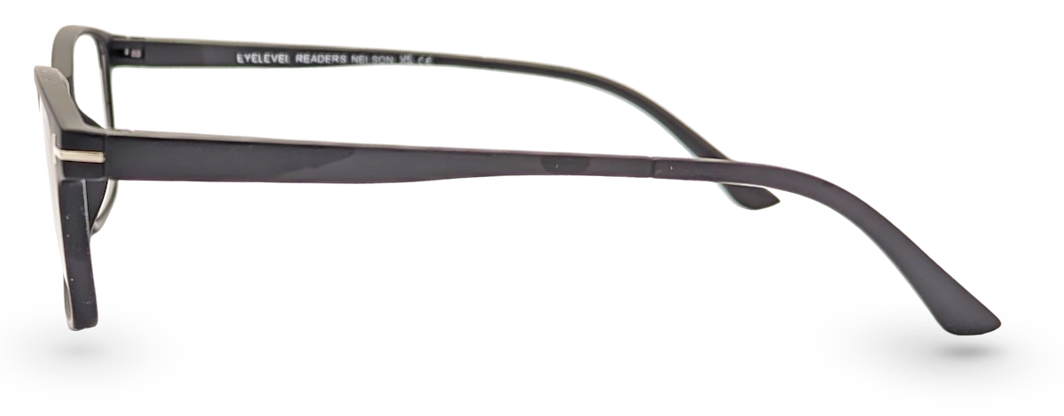 Eyelevel-UK Nelson reading glasses with a black square plastic frame shown from a side profile view.