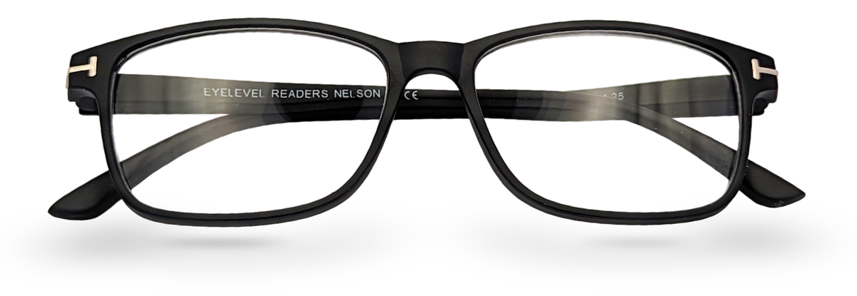 Eyelevel-UK Nelson reading glasses with a classic black square plastic frame and clear magnifying lenses