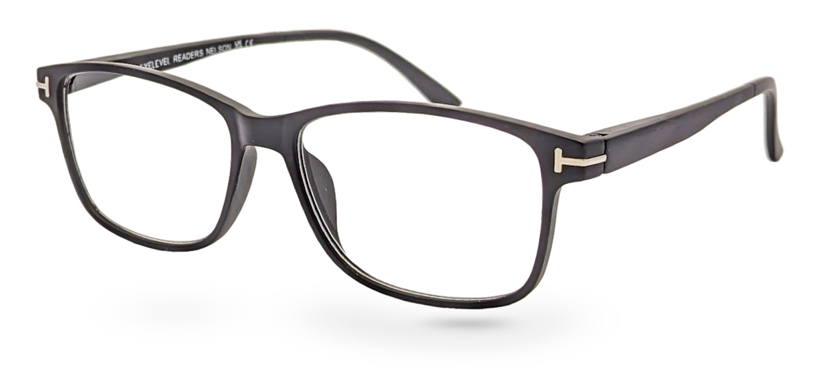 Eyelevel-UK Nelson reading glasses with a classic black square plastic frame and clear magnifying lenses.