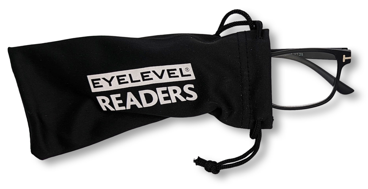 Eyelevel-UK Nelson reading glasses with black square frames inside a branded black soft felt protective pouch