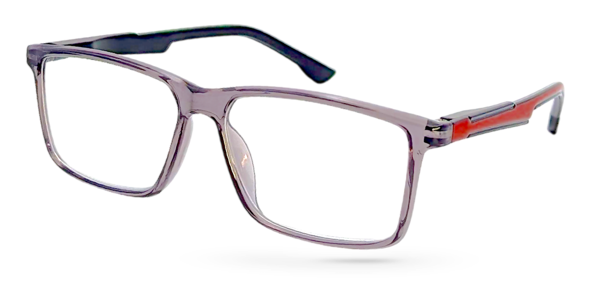 Eyelevel-UK Newton reading glasses with a grey transparent square plastic frame and clear magnifying lenses