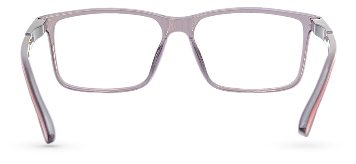 Eyelevel-UK Newton reading glasses with a grey transparent square plastic frame and clear magnifying lenses
