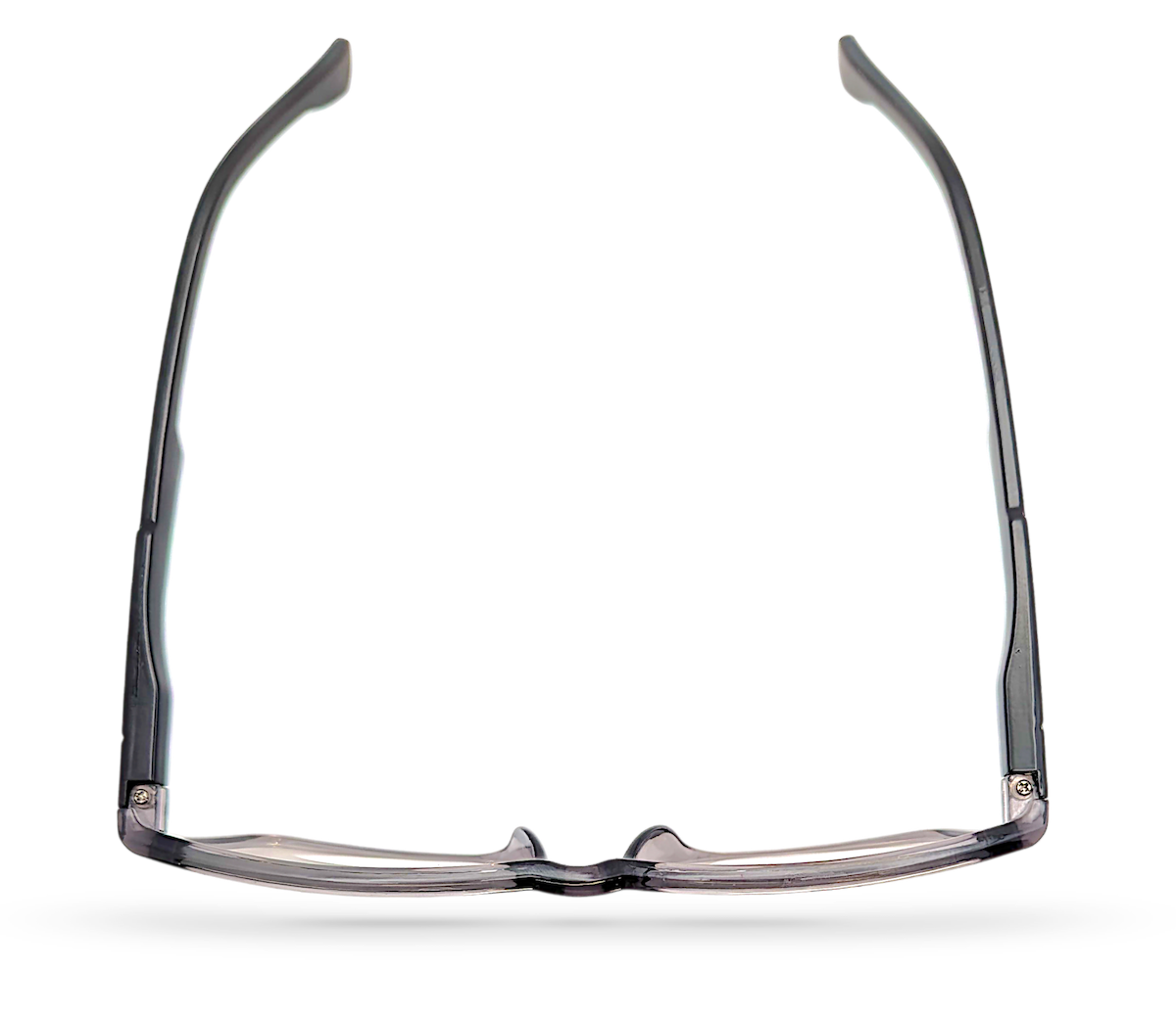 Eyelevel-UK Newton reading glasses with a grey transparent square plastic frame viewed from above