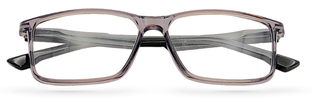 Eyelevel-UK Newton reading glasses with a grey transparent square plastic frame and clear magnifying lenses.