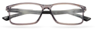 Eyelevel-UK Newton reading glasses with a grey transparent square plastic frame and clear magnifying lenses.