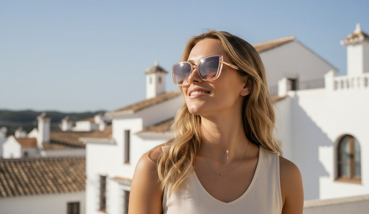 Woman wearing Eyelevel-UK Nicole oversized crystal brown sunglasses with grey gradient lenses outdoors