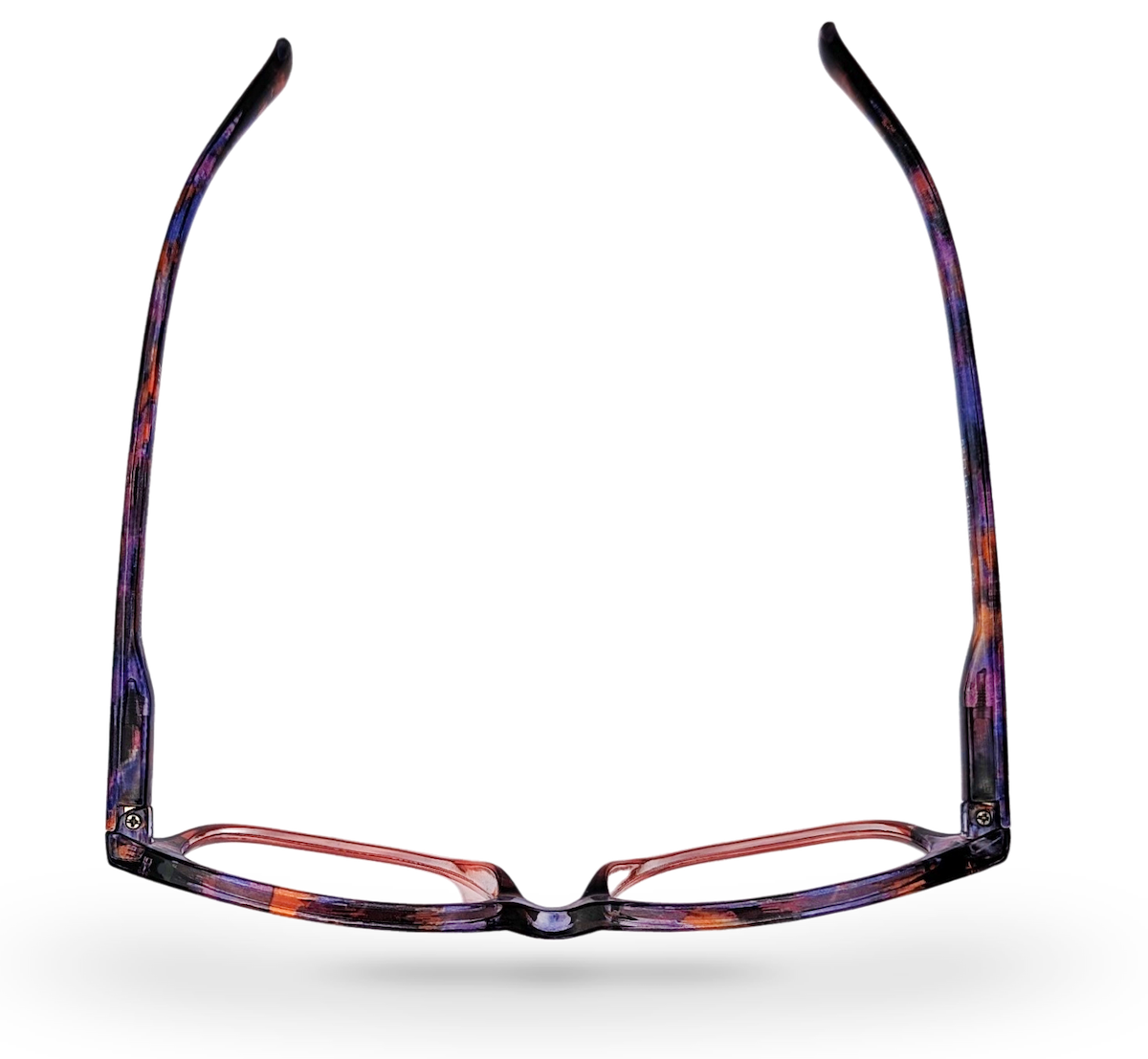 Eyelevel-UK Immaculate reading glasses with a softly squared orange and purple patterned plastic frame