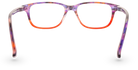 Eyelevel-UK Immaculate reading glasses with a colourful orange and purple squared plastic frame, back view.