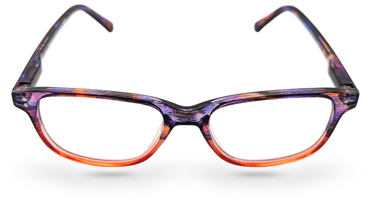 Eyelevel-UK Immaculate reading glasses with a softly squared orange and purple plastic frame and clear lenses.