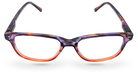 Eyelevel-UK Immaculate reading glasses with a softly squared orange and purple plastic frame and clear lenses.