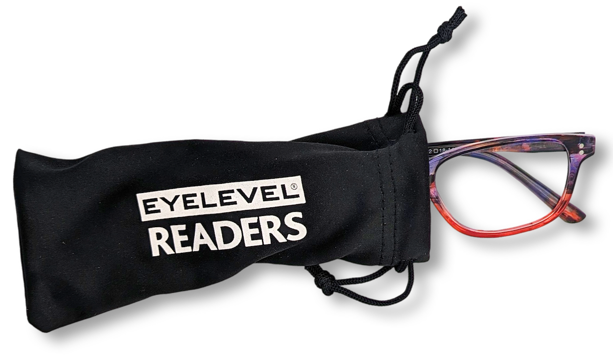 Eyelevel-UK Immaculate reading glasses with orange and purple squared frames, shown with a black branded storage pouch.