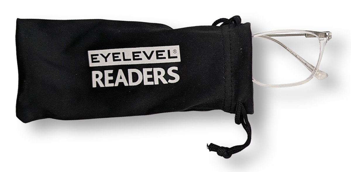 Eyelevel-UK Oregon reading glasses with transparent squared frames inside a black branded drawstring storage pouch
