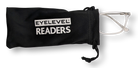 Eyelevel-UK Oregon reading glasses with transparent squared frames inside a black branded drawstring storage pouch