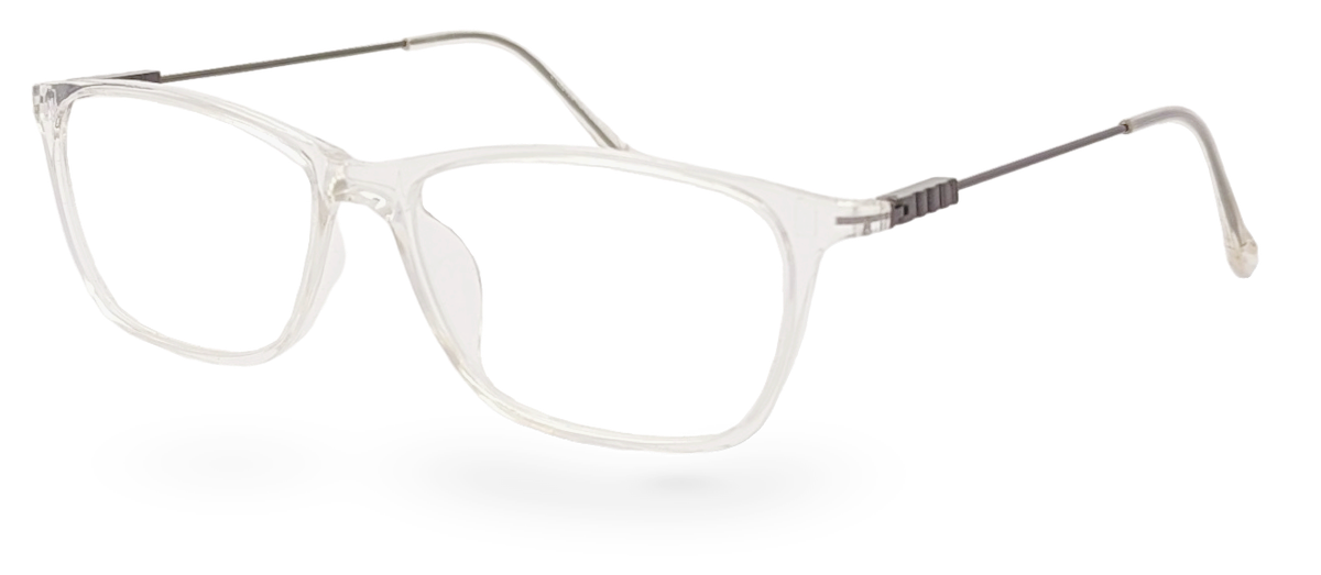 Eyelevel-UK Oregon reading glasses featuring a transparent softly squared plastic frame and thin metal temples.