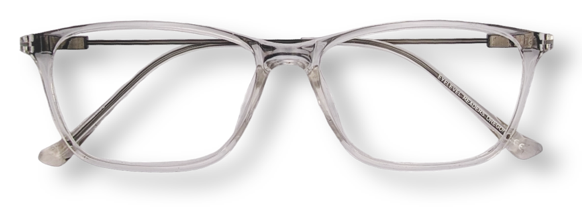 Eyelevel-UK Oregon reading glasses with a transparent softly squared plastic frame and clear magnifying lenses