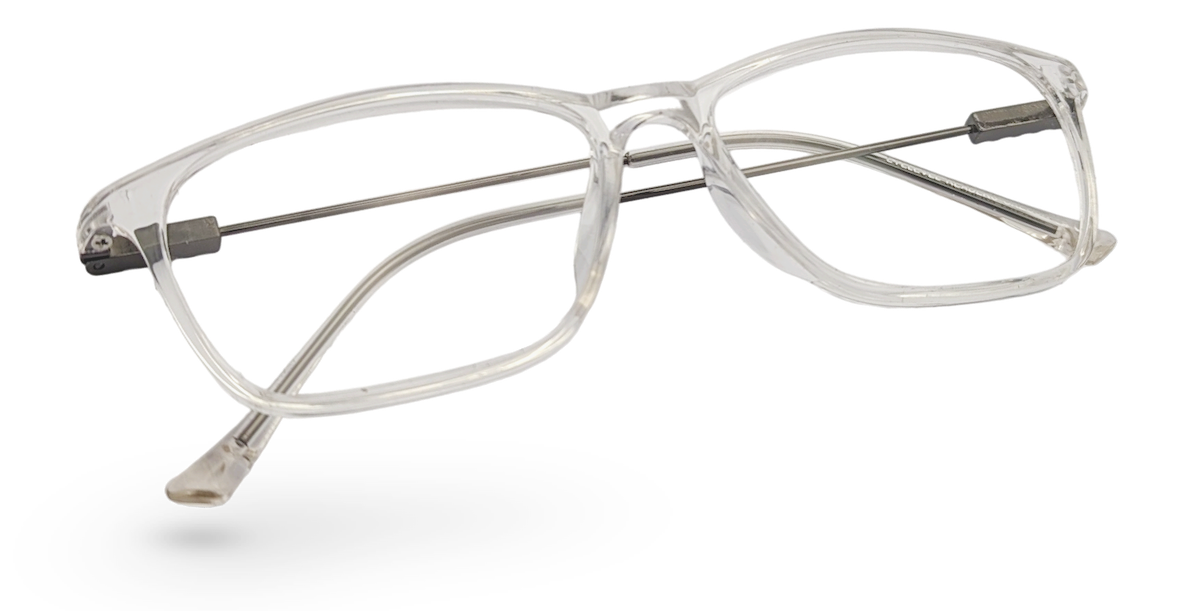 Eyelevel-UK Oregon reading glasses with a transparent softly squared plastic frame and clear magnifying lenses